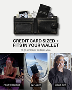 Clean Sheets packet tucked into a wallet, with photos of using one post-workout, in-flight and on a night out