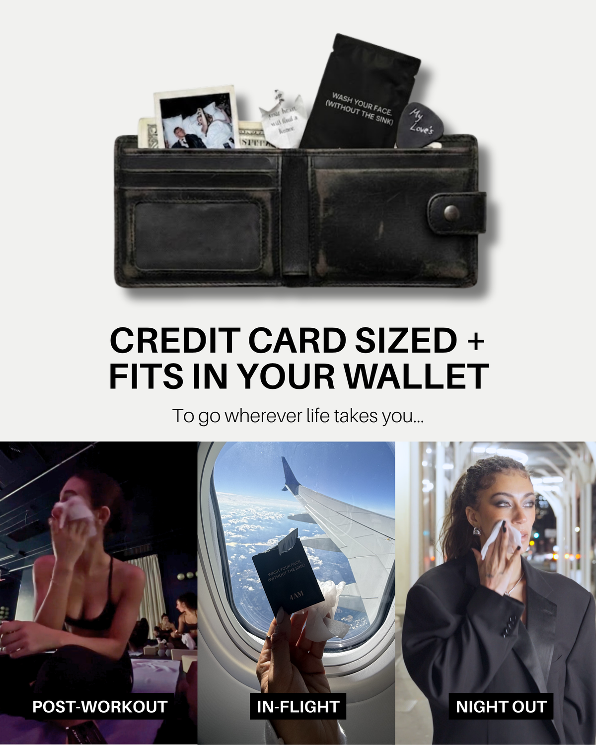 Clean Sheets packet tucked into a wallet, with photos of using one post-workout, in-flight and on a night out