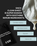 Clean Sheets packet and a soaked wipe with key ingredients centella asiatica, calendula extract, glycerin and vitamin B5