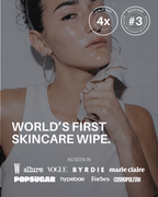 Woman wiping her face with a Clean Sheet, with press logos including Allure, Vogue, Byrdie and Forbes