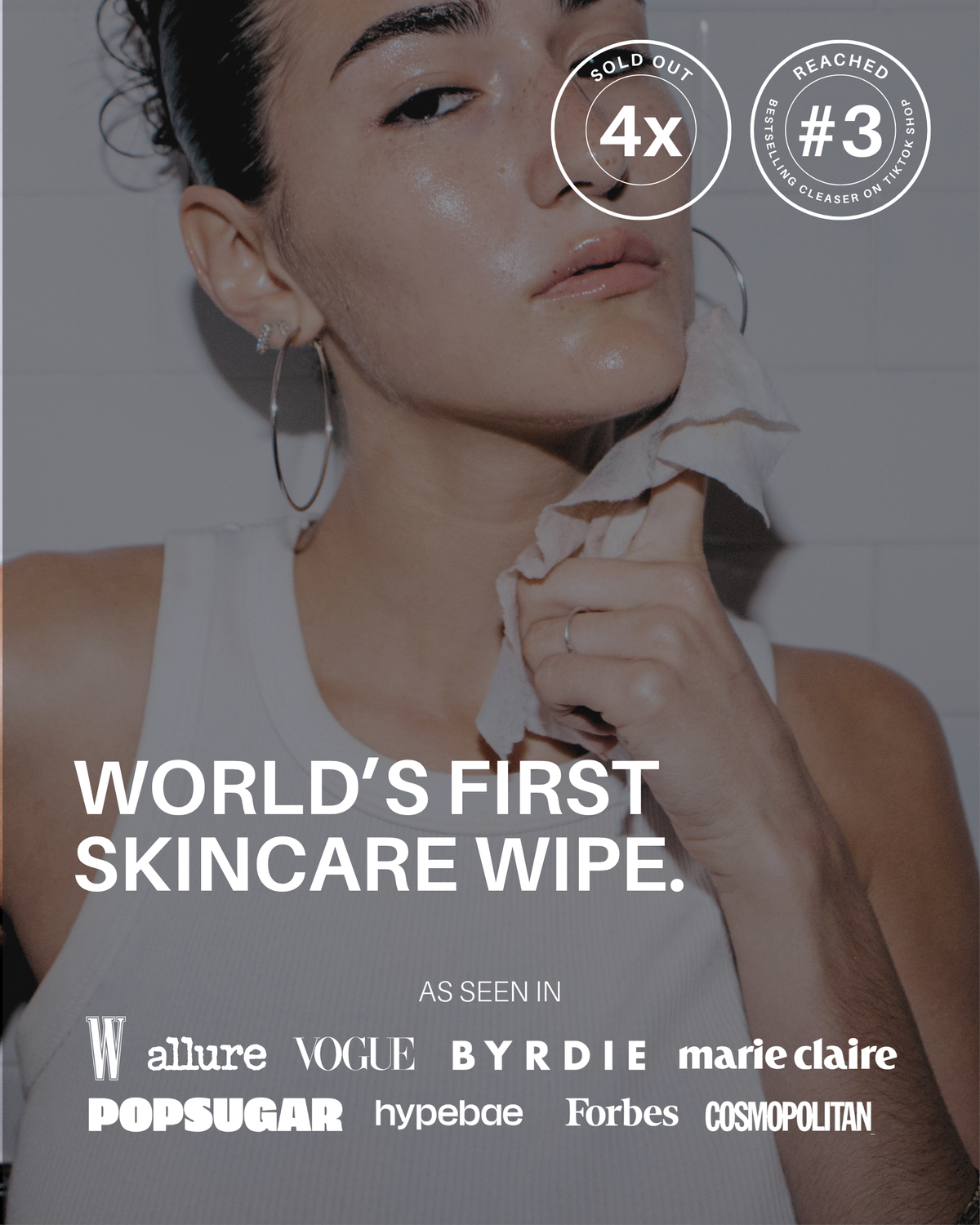 Woman wiping her face with a Clean Sheet, with press logos including Allure, Vogue, Byrdie and Forbes
