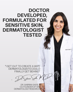 Dr. Sabrina Sade, MD, co-founder of 4AM, in a white coat beside the words doctor developed and dermatologist tested